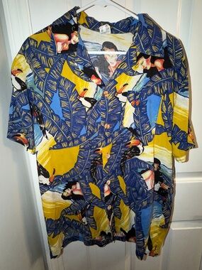 Vintage HANG TEN Rayon Hawaiian Shirt L Gordon Fabrics Toucan Pinup Girl USA